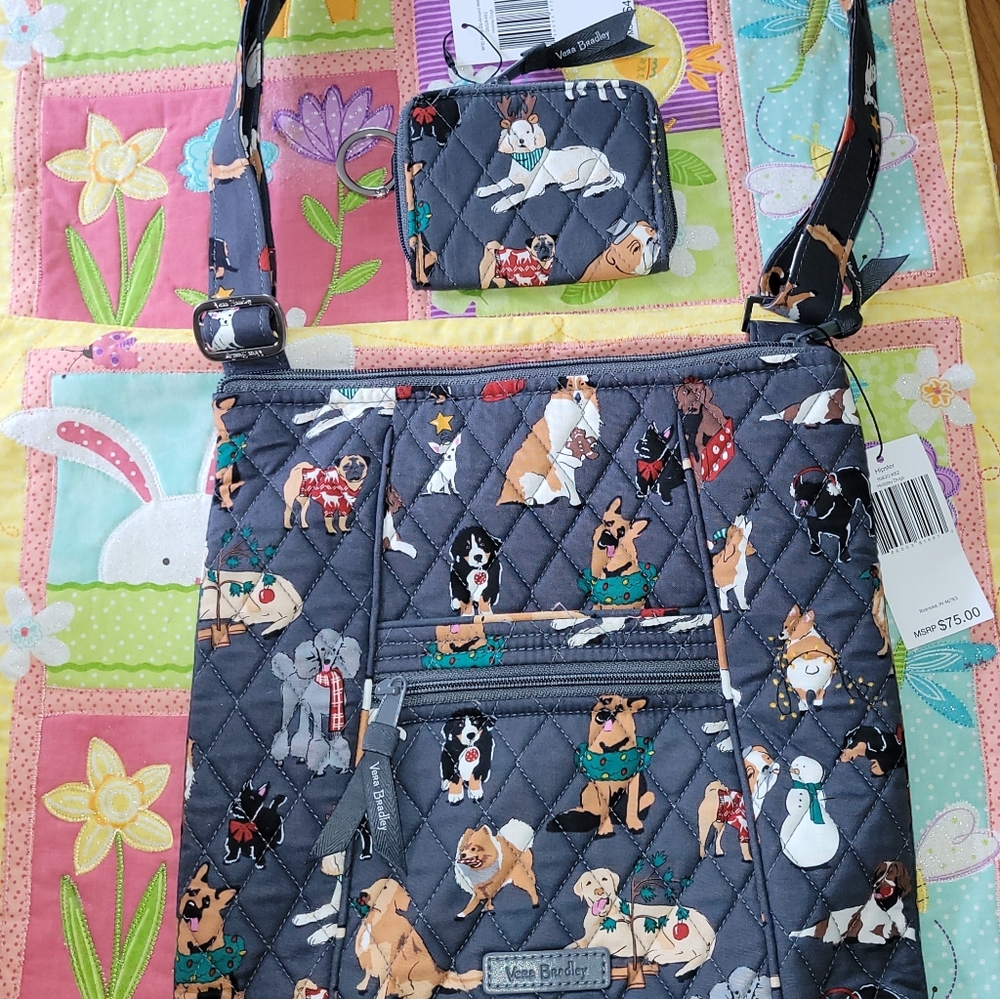 Vera Bradley Holiday Dog Print Hipster Crossbody Bag And Pettit Wallet New